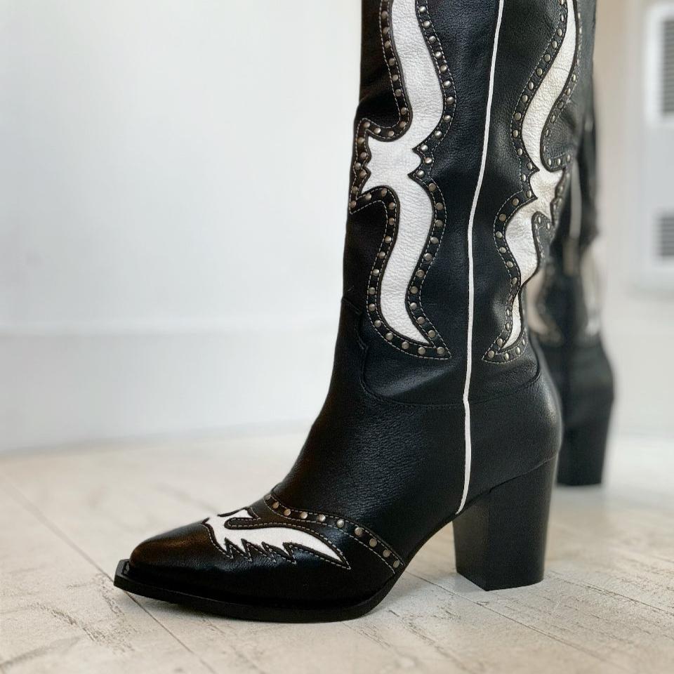 MOLLINI - LURVA TALL WESTERN BOOT IN BLACK/WHITE LEATHER