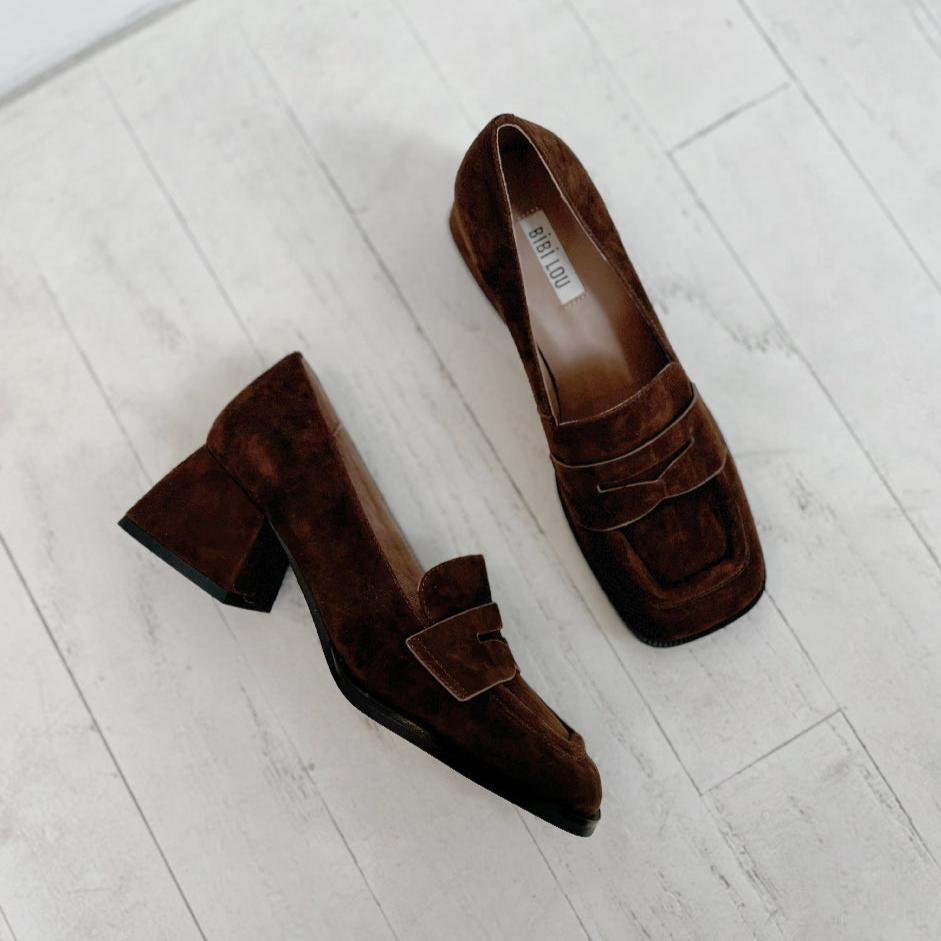 BIBI LOU - GEENA HEELED LOAFER IN DARK BROWN SUEDE