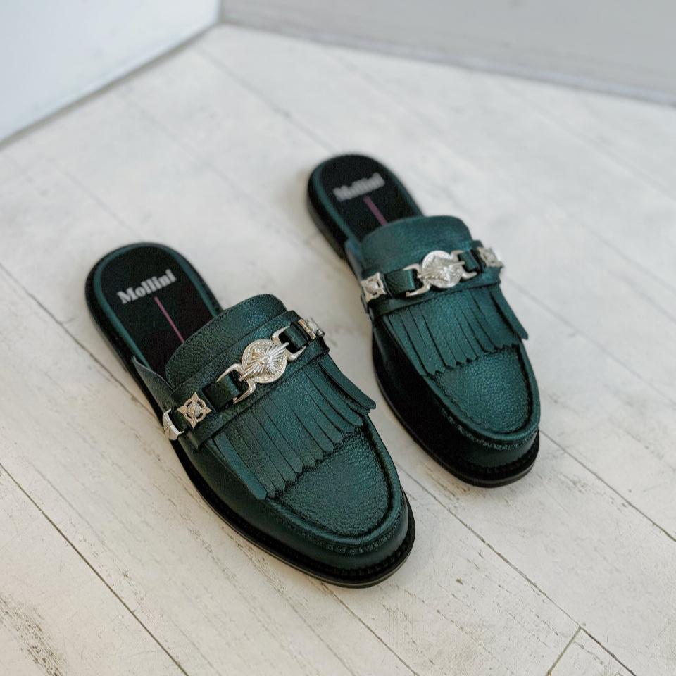 MOLLINI - GENEH MULE IN DARK GREEN METALLIC LEATHER