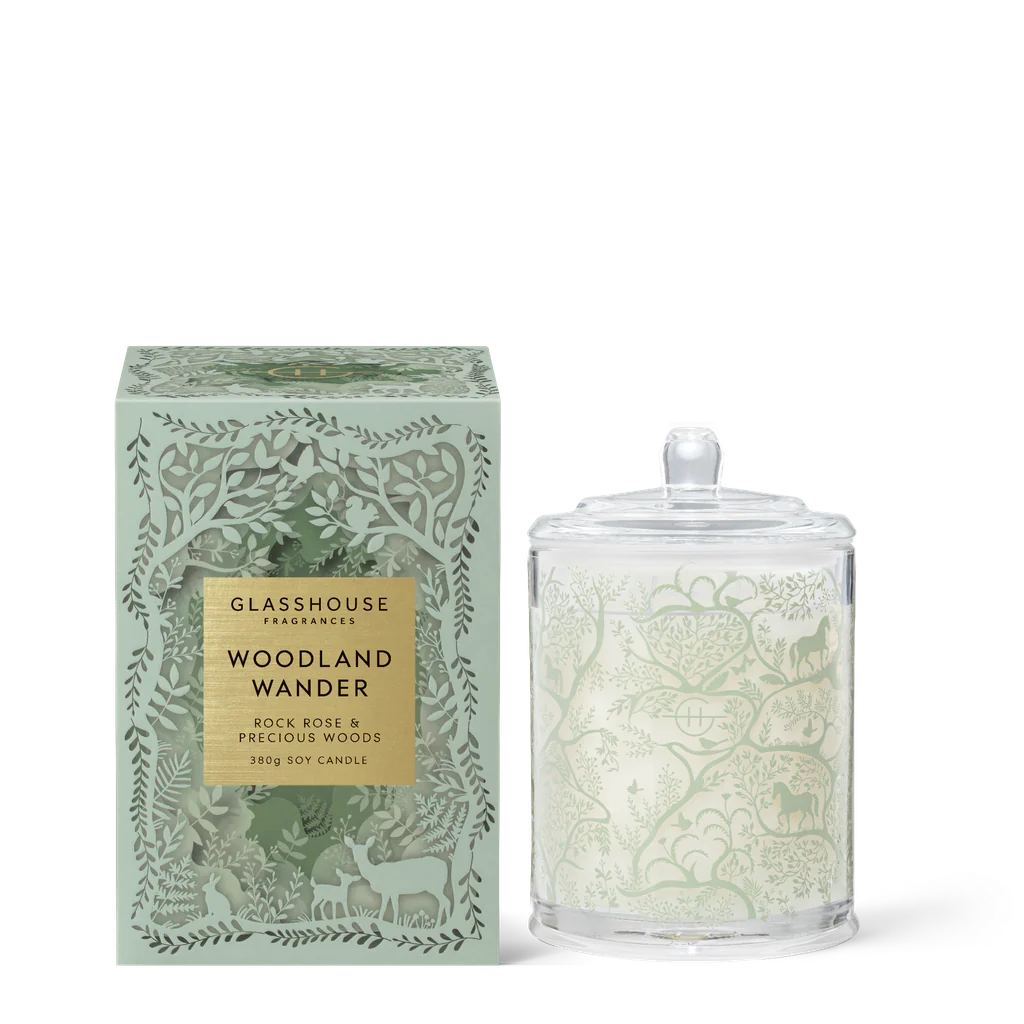 GLASSHOUSE FRAGRANCE - TRIPLE WICK SOY CANDLE IN WOODLAND WANDER