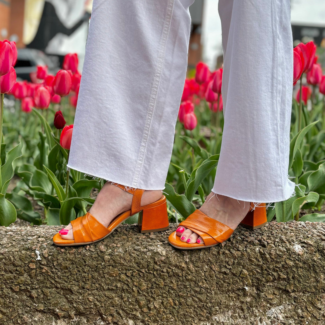 MIZ MOOZ - BELA HEELED SANDAL IN TANGERINE PATENT LEATHER