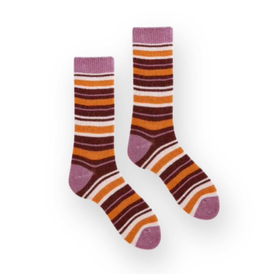 LISA B. - WOMEN'S MULTI STRIPE WOOL CREW SOCK IN ROSEWOOD CASHMERE