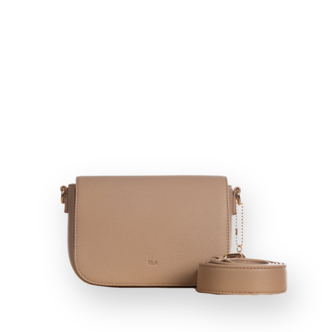 ELA HANDBAGS - MINI COMPACT SATCHEL IN BEIGE PEBBLE VEGAN LEATHER