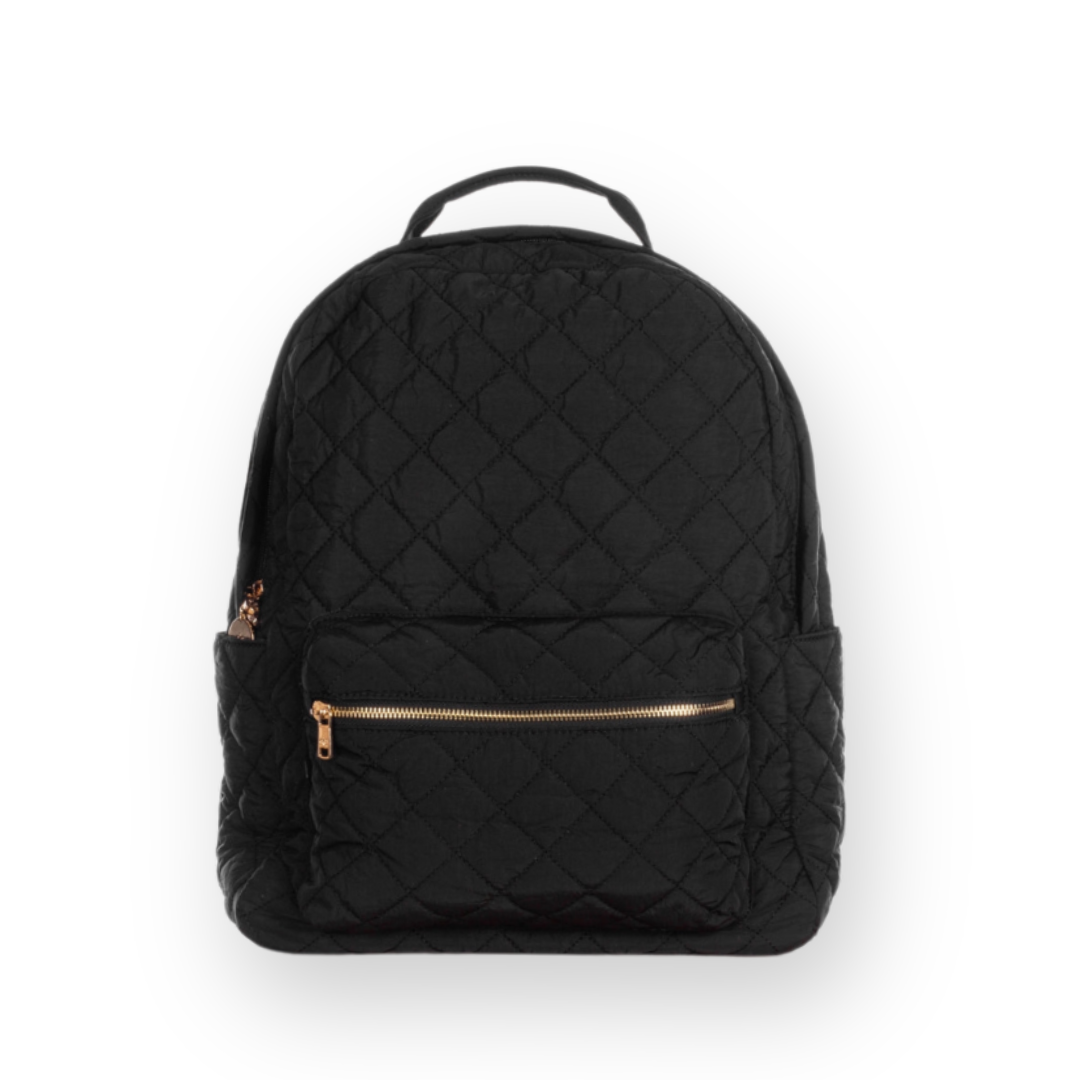 ELA HANDBAGS - QUILTED BACKPACK IN BLACK RECYCLED NYLON