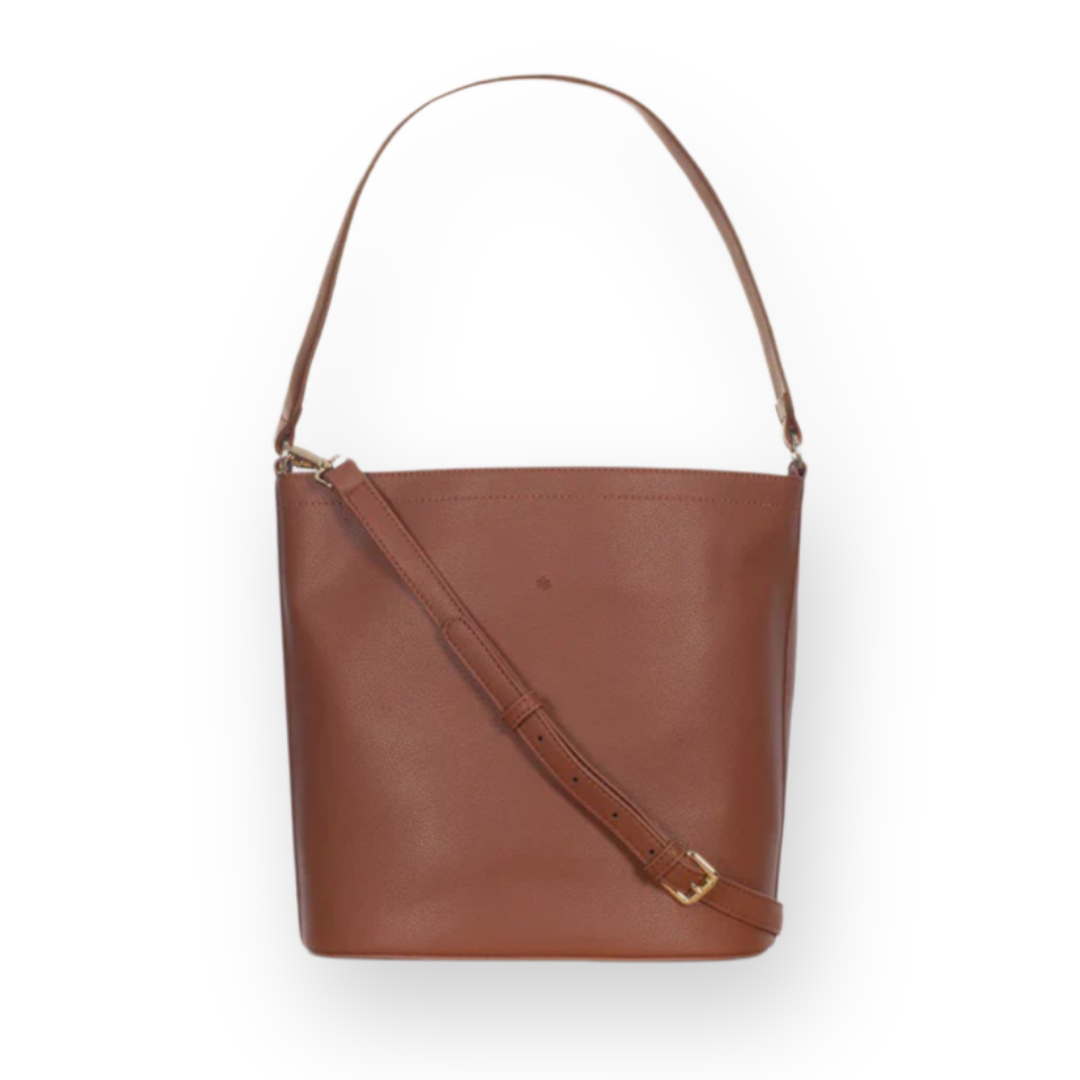 ELA HANDBAGS - MIA BUCKET BAG IN WALNUT PEBBLED VEGAN LEATHER