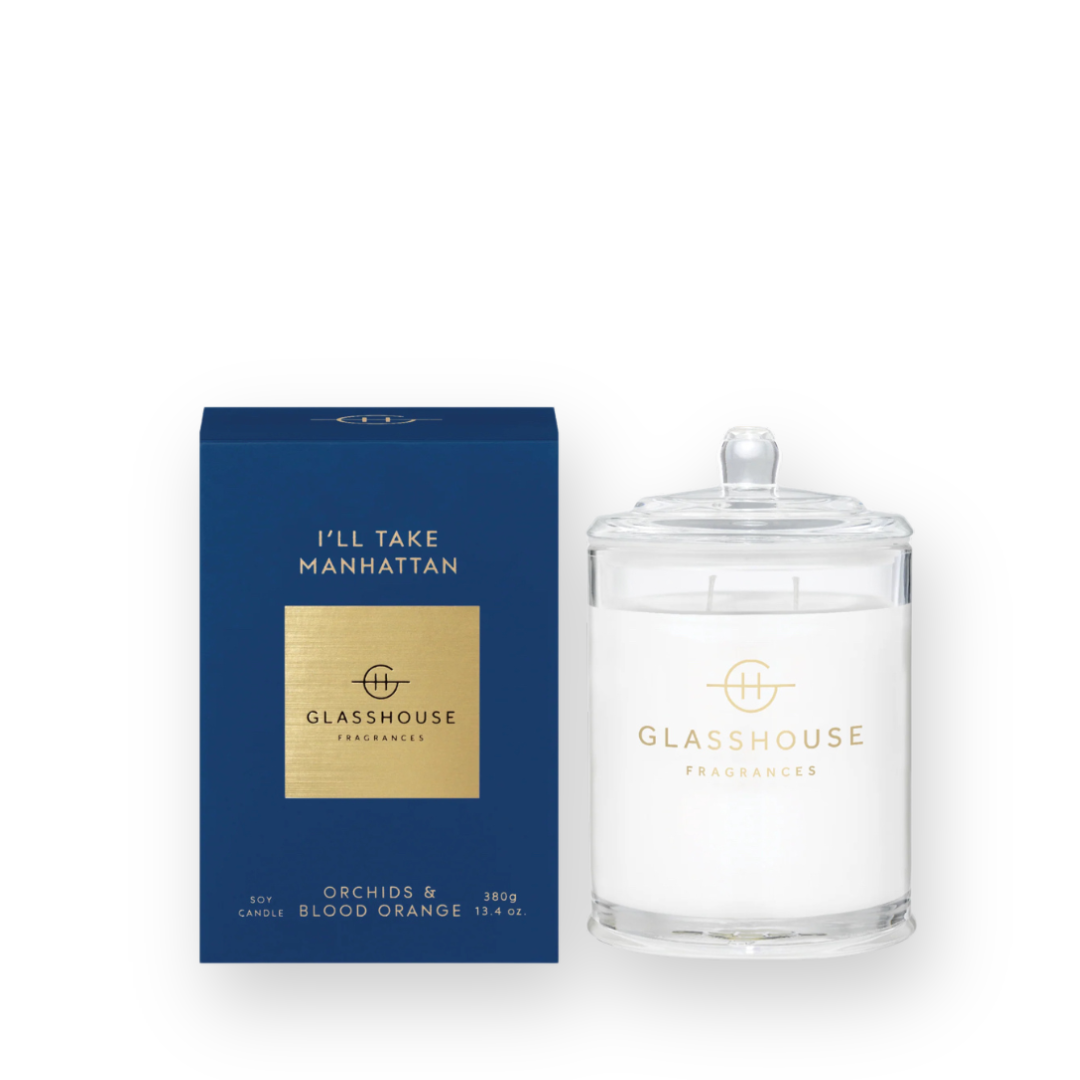 GLASSHOUSE FRAGRANCES - DOUBLE WICK SOY CANDLE IN I'LL TAKE MANHATTAN - 380G