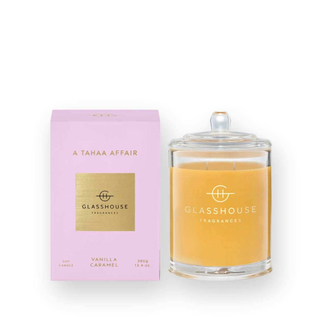 GLASSHOUSE FRAGRANCES - DOUBLE WICK SOY CANDLE IN A TAHAA AFFAIR - 380G