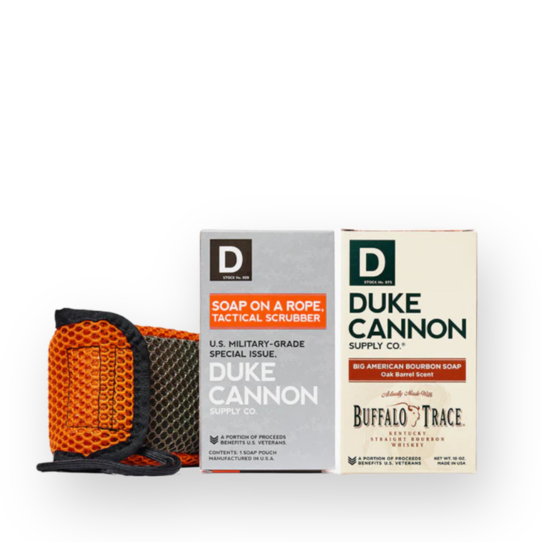 DUKE CANNON - TACTICAL SOAP ON A ROPE SCRUBBER POUCH IN ORANGE & BIG ASS BRICK OF SOAP IN AMERICAN BOURBON