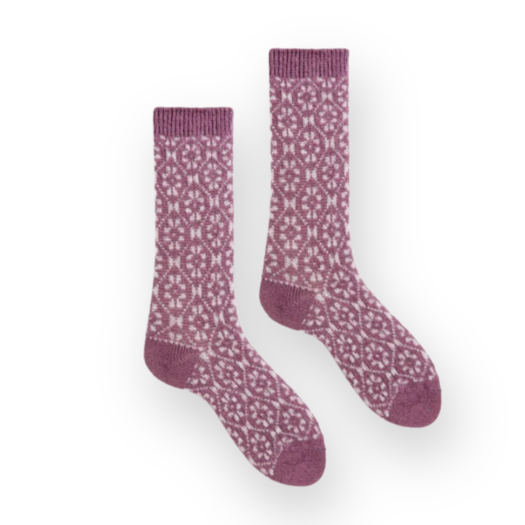 LISA B. - WOMEN'S ASTER FLOWER WOOL CREW SOCK IN ROSEWOOD CASHMERE