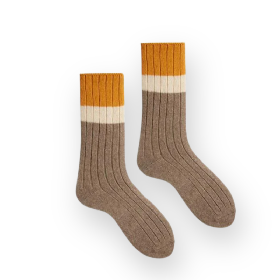 LISA B. - WOMEN'S RIBBED COLOR BLOCK WOOL CREW SOCK IN MUSHROOM CASHMERE