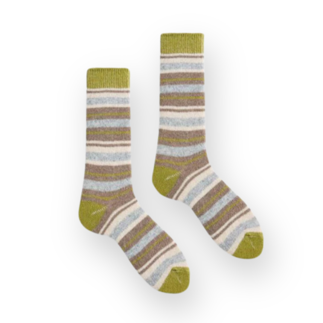 LISA B. - WOMEN'S MULTI STRIPE WOOL CREW SOCK IN GREEN APPLE CASHMERE