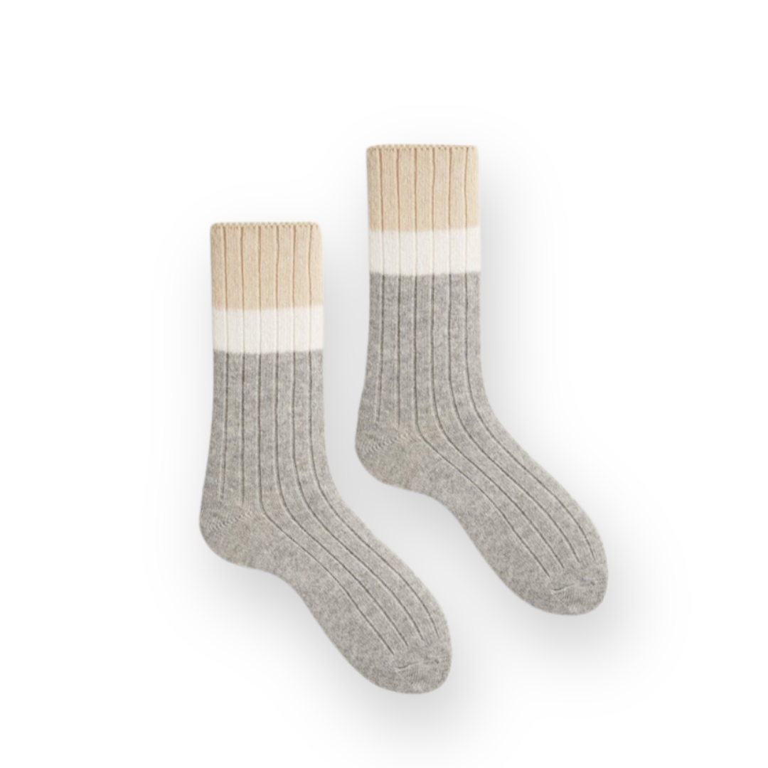 LISA B. - WOMEN'S RIBBED COLOR BLOCK WOOL CREW SOCK IN LIGHT GREY HEATHER CASHMERE