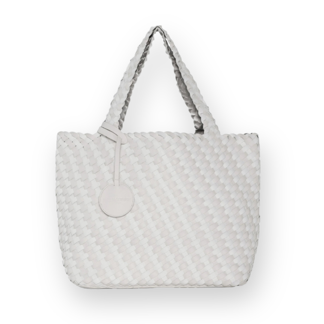 ILSE JACOBSEN - PRINTED REVERSIBLE TOTE BAG IN MILK CREME/METALLIC WHITE FAUX LEATHER