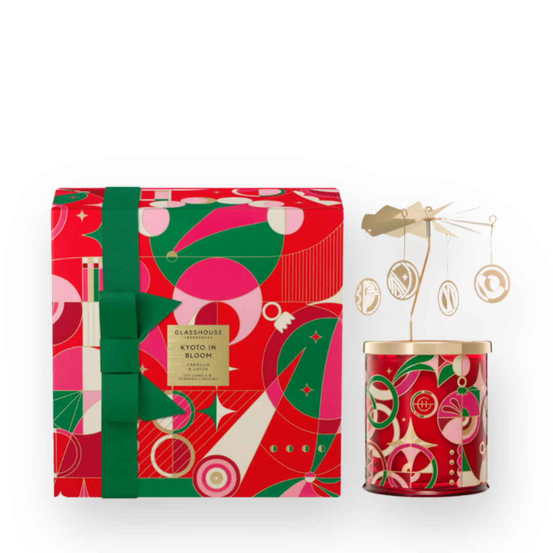 GLASSHOUSE FRAGRANCES - CAROUSEL CHRISTMAS CANDLE GIFT SET IN KYOTO IN BLOOM - 380G