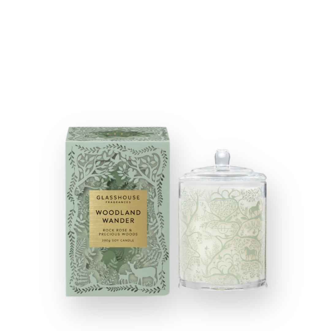 GLASSHOUSE FRAGRANCES - DOUBLE WICK SOY CANDLE IN WOODLAND WANDER - 380G