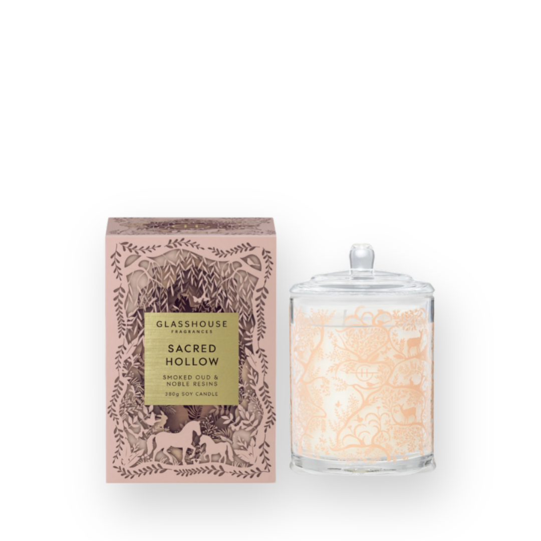 GLASSHOUSE FRAGRANCES - DOUBLE WICK SOY CANDLE IN SACRED HOLLOW - 380G