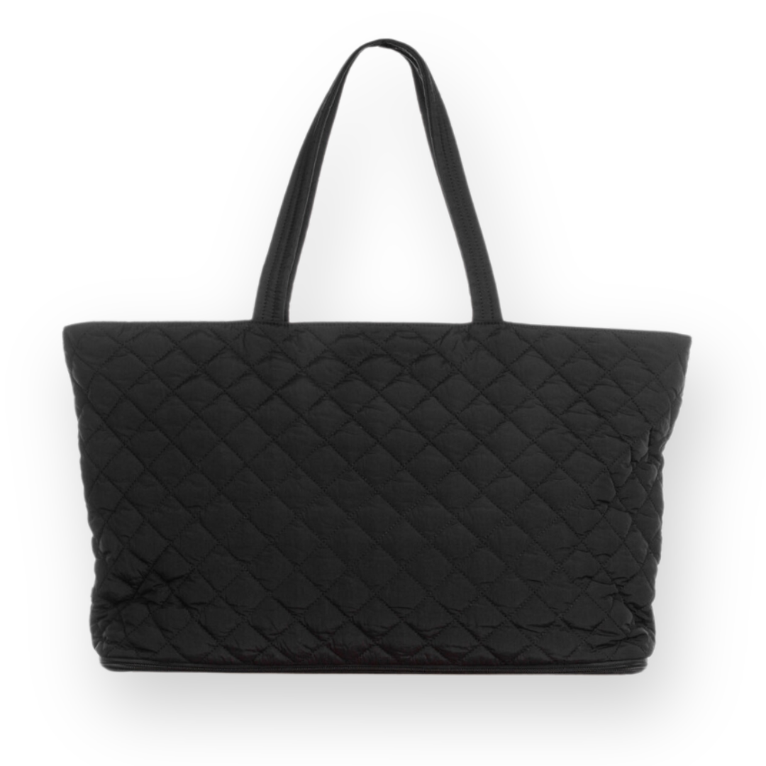 ELA HANDBAGS - QUILTED EXPANDABLE TOTE BAG IN BLACK RECYCLED NYLON