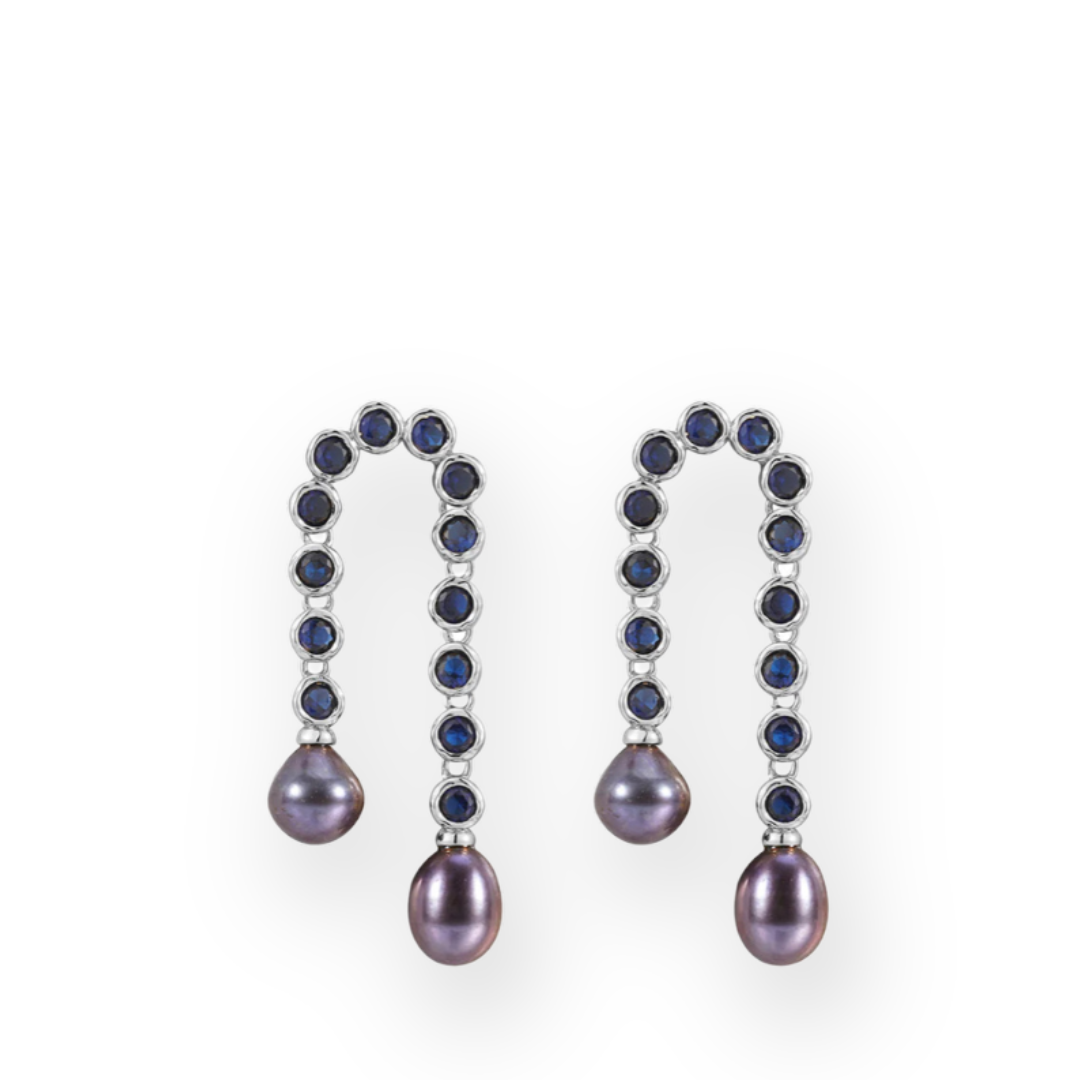 LUV AJ - PAVE BLUE PEARL U STUDS IN SILVER