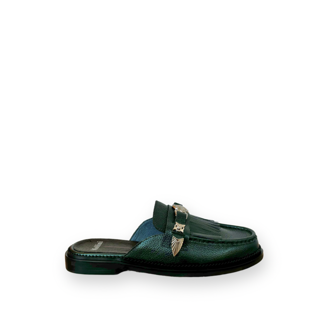 MOLLINI - GENEH MULE IN DARK GREEN METALLIC LEATHER