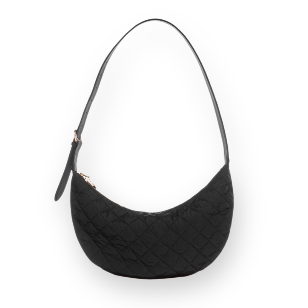 ELA HANDBAGS - QUILTED SLOUCHY CROSSBODY BAG IN BLACK RECYCLED NYLON