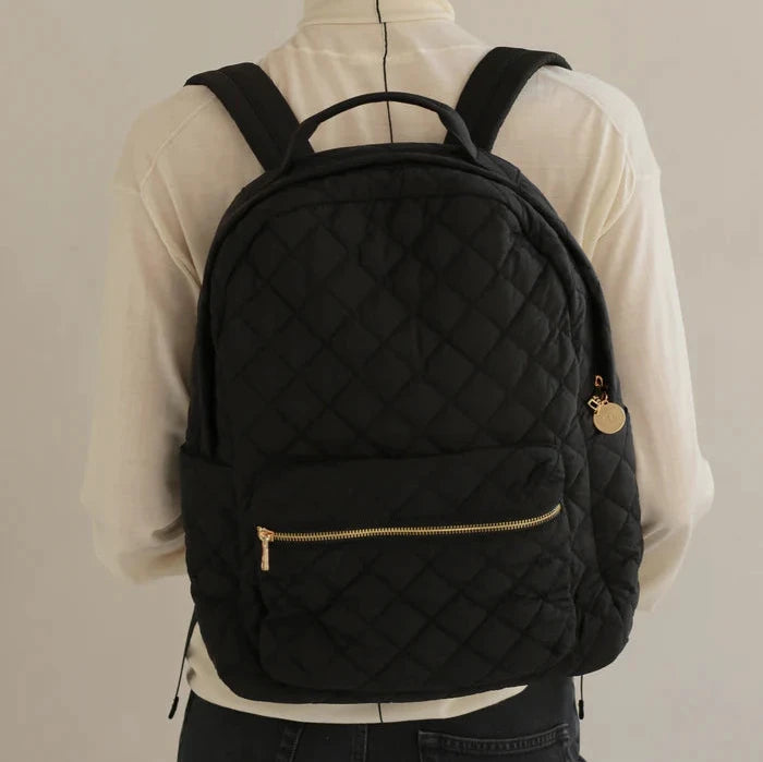 ELA HANDBAGS - QUILTED BACKPACK IN BLACK RECYCLED NYLON