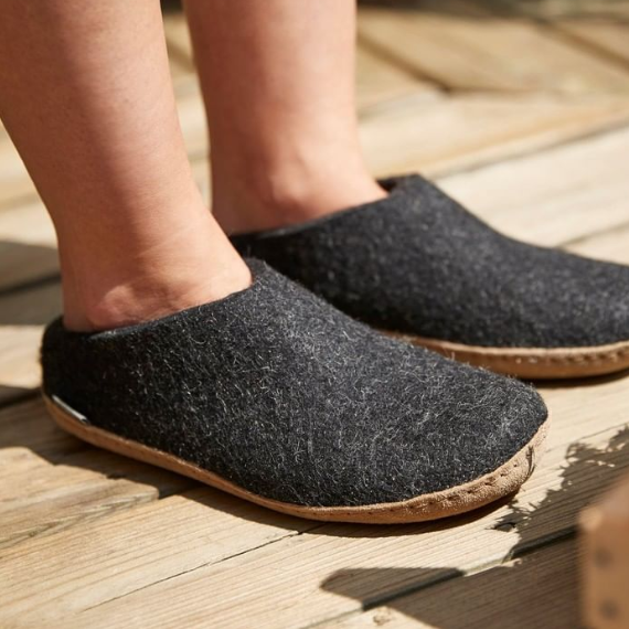 GLERUPS - SLIP ON LEATHER SOLE IN CHARCOAL WOOL